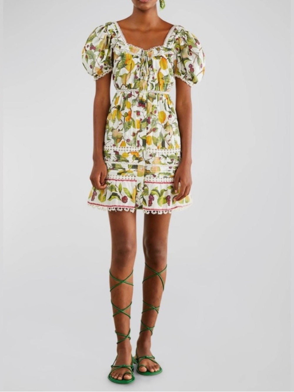FARM Rio Lemon & Floral Puff-Sleeve Mini Dress in White, Yellow & Green